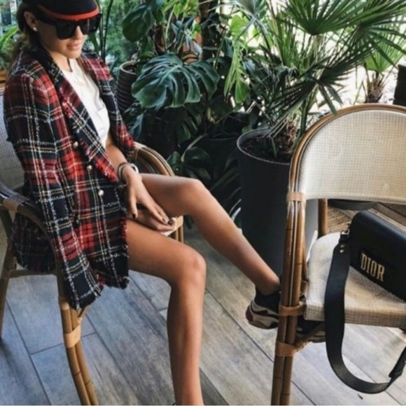 ZARA | RARE Plaid Tweed Red Checkered Frayed Hem Collared Blazer (Size XS) - Picture 12 of 15